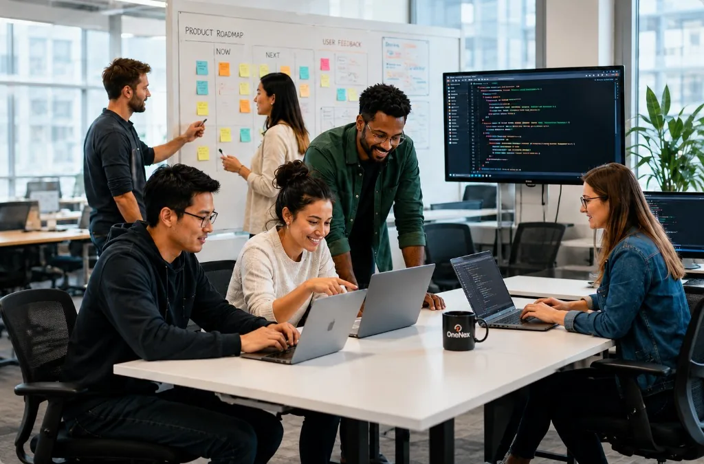OneNex product and engineering team collaborating around a shared workspace